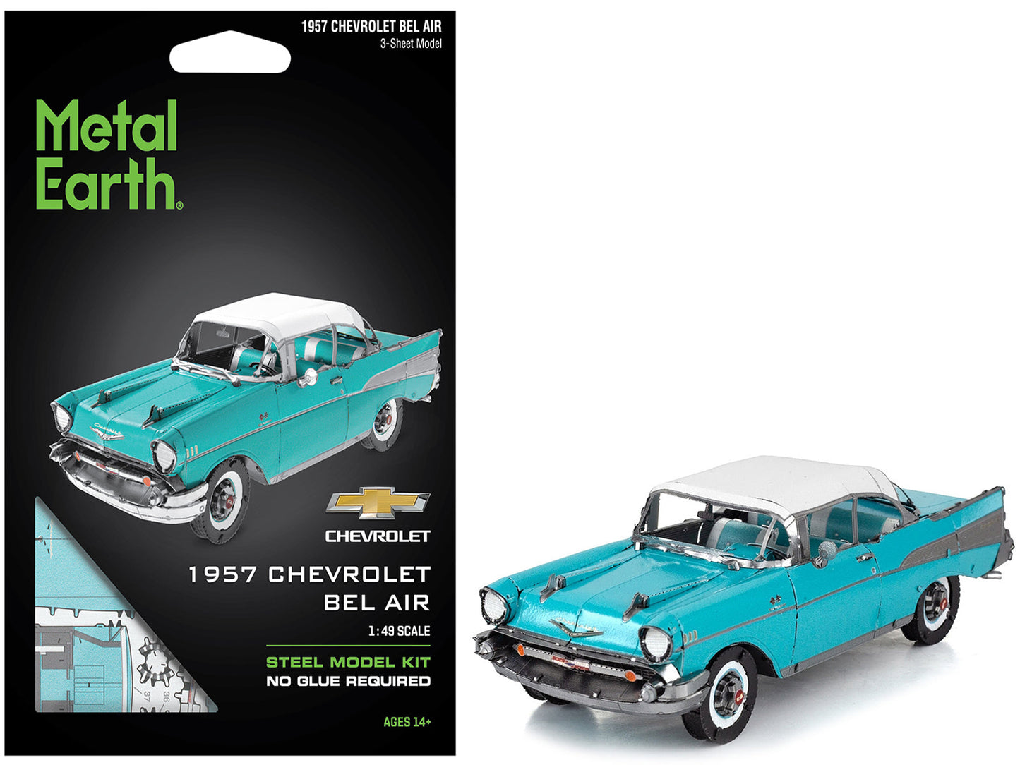 Model Kit 1957 Chevrolet Bel Air Turquoise with White Top (Challenging Difficulty) Steel Model by Metal Earth - Use code SHOPAPP15 to get 15 percent off  free shipping USA