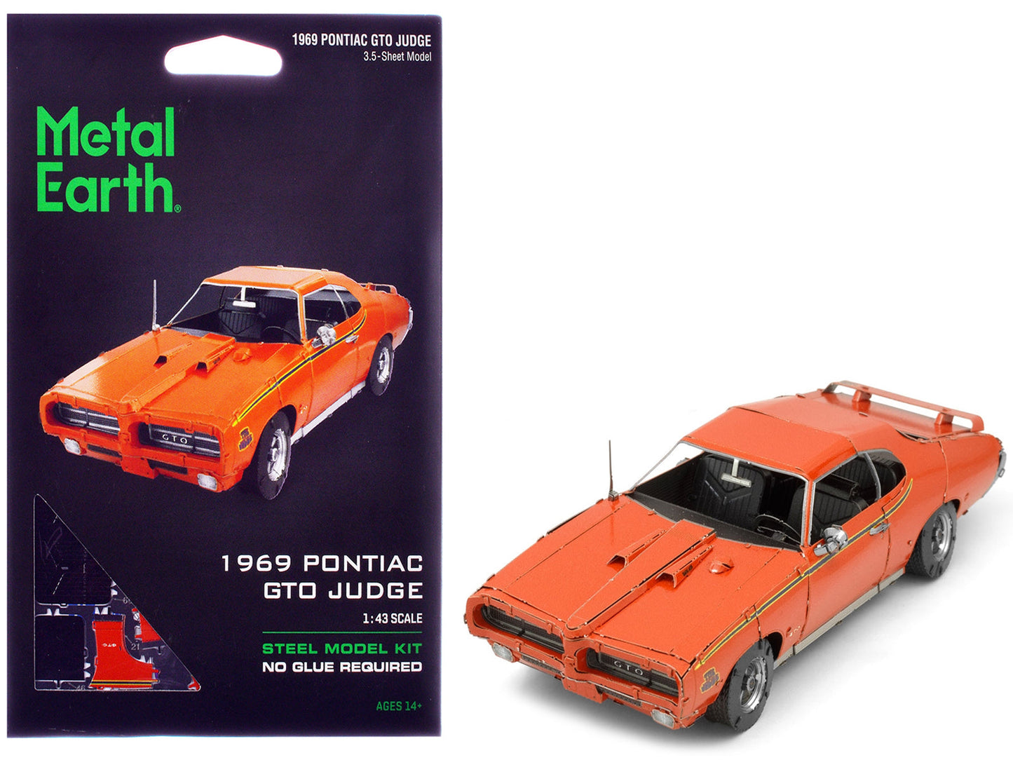 Model Kit 1969 Pontiac GTO Judge Orange with Black Stripes (Moderate Difficulty) Steel Model by Metal Earth - Use code SHOPAPP15 to get 15 percent off  free shipping USA