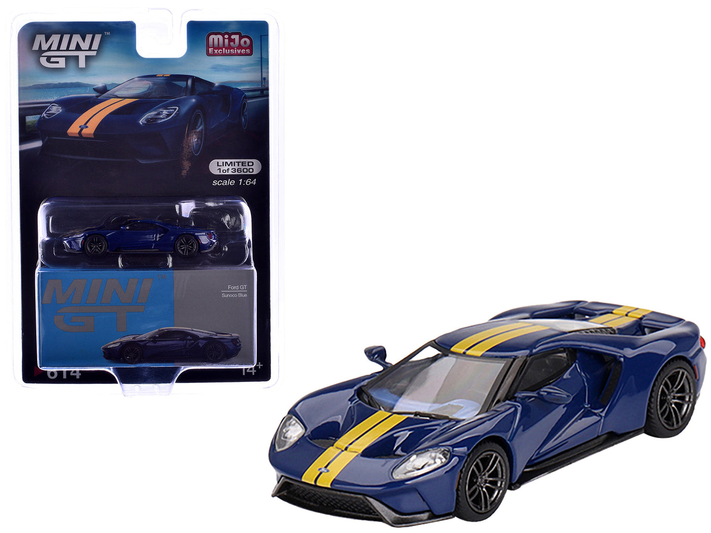 Ford GT Sunoco Blue with Yellow Stripes Limited Edition to 3600 pieces Worldwide 1/64 Diecast Model Car by Mini GT  free shipping USA