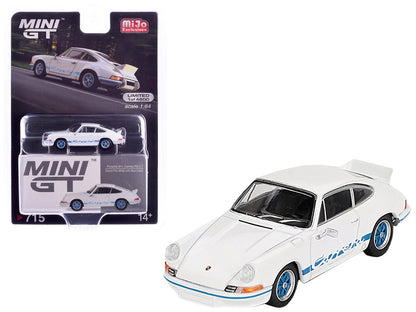 Porsche 911 Carrera RS 2.7 Grand Prix White with Blue Stripes and Wheels Limited Edition to 4800 pieces Worldwide 1/64 Diecast Model Car by Mini GT  free shipping USA
