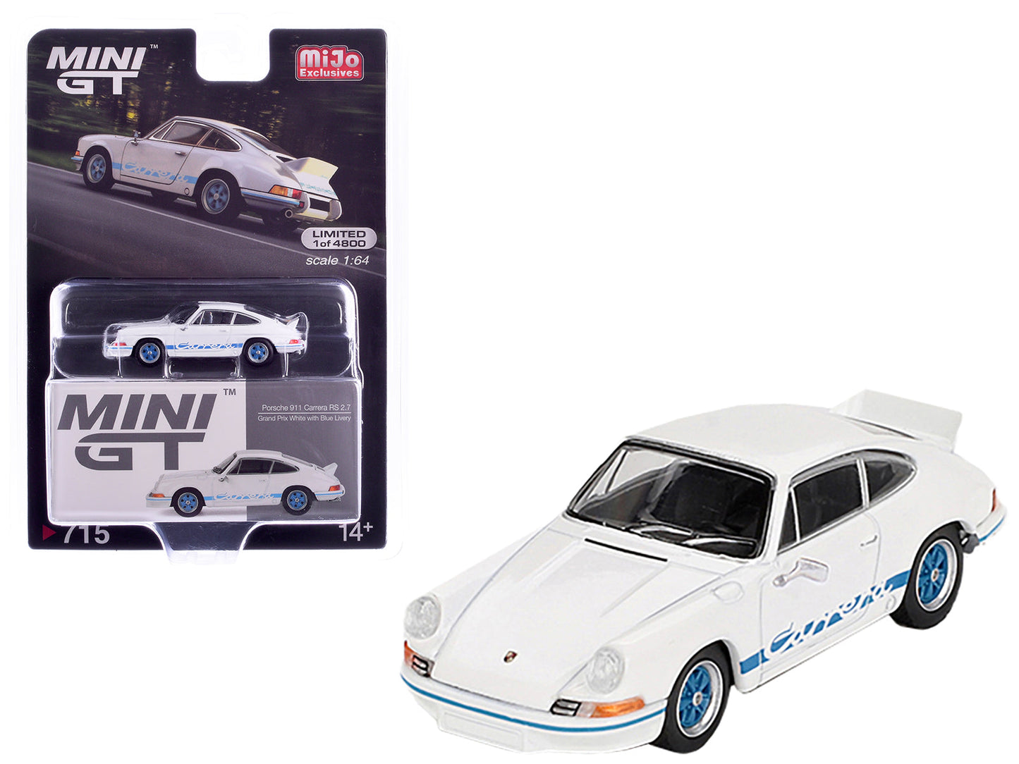 Porsche 911 Carrera RS 2.7 Grand Prix White with Blue Stripes and Wheels Limited Edition to 4800 pieces Worldwide 1/64 Diecast Model Car by Mini GT  free shipping USA