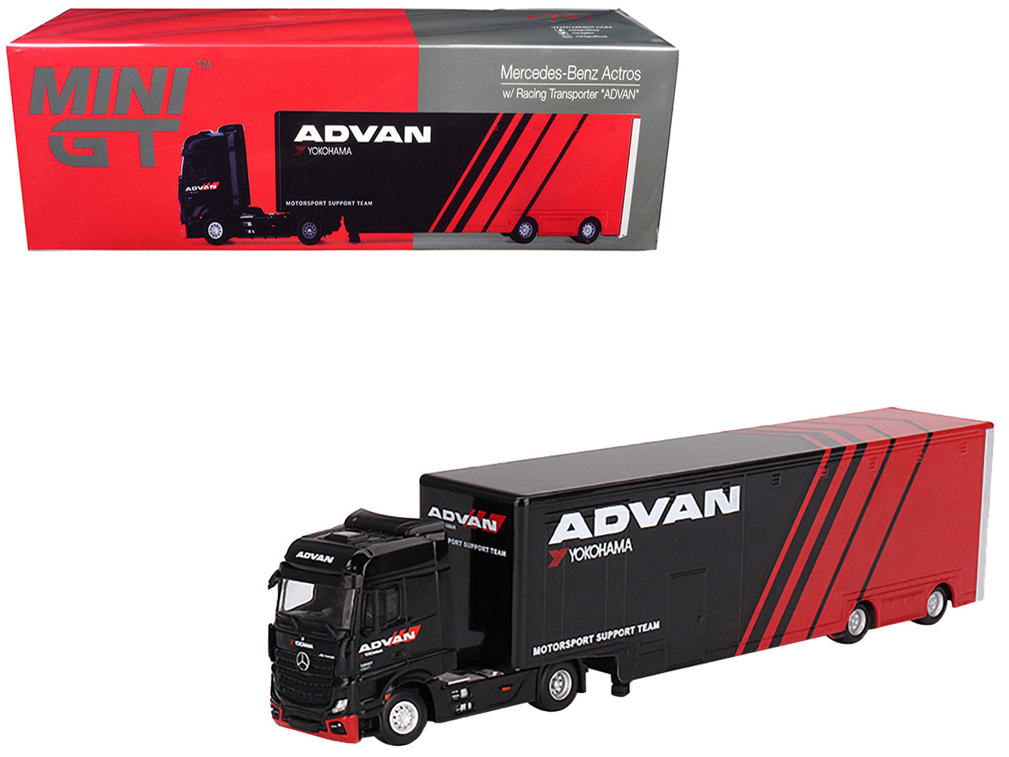 Mercedes-Benz Actros with Racing Transporter Red and Black "ADVAN" 1/64 Diecast Model Car by Mini GT  free shipping USA