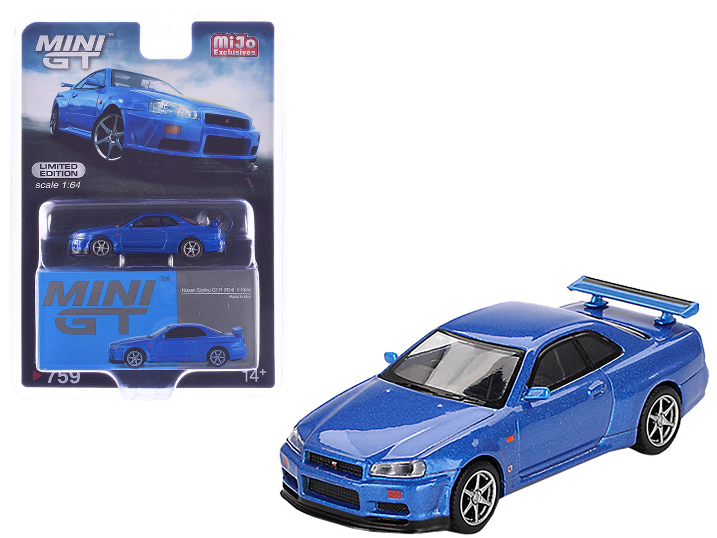 Nissan Skyline GT-R (R34) V-Spec RHD (Right Hand Drive) Bayside Blue Metallic Limited Edition 1/64 Diecast Model Car by Mini GT  free shipping USA