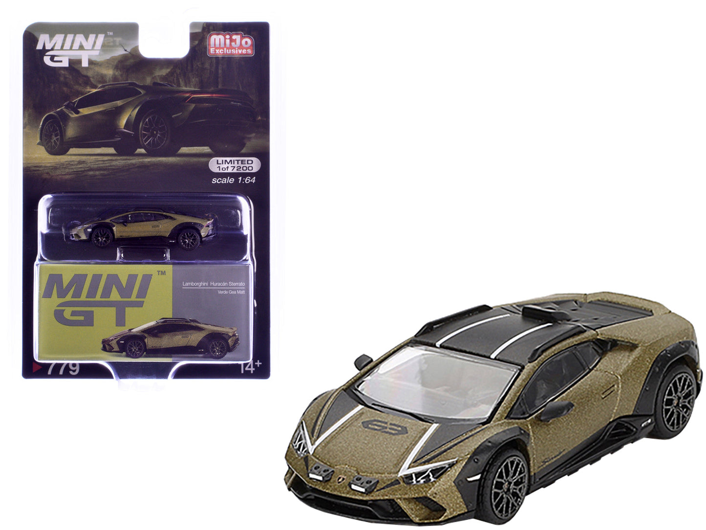 Lamborghini Huracan Sterrato Verde Gea Matt Green Metallic with Black Tio and White Stripes Limited Edition to 7200 pieces Worldwide 1/64 Diecast Model Car by Mini GT  free shipping USA