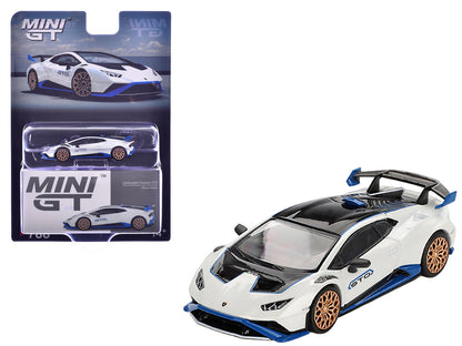 Lamborghini Huracan STO Bianco Asopo White with Black Top and Blue Accents Limited Edition 1/64 Diecast Model Car by Mini GT  free shipping USA