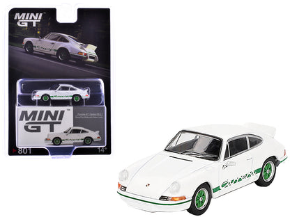 Porsche 911 Carrera RS 2.7 Grand Prix White with Green Stripes and Wheels Limited Edition 1/64 Diecast Model Car by Mini GT  free shipping USA