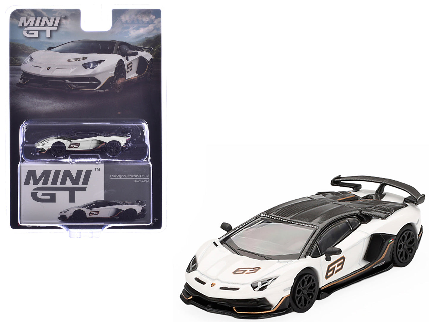 Lamborghini Aventador SVJ 63 Bianco Asopo White with Carbon Top Limited Edition 1/64 Diecast Model Car by Mini GT  free shipping USA