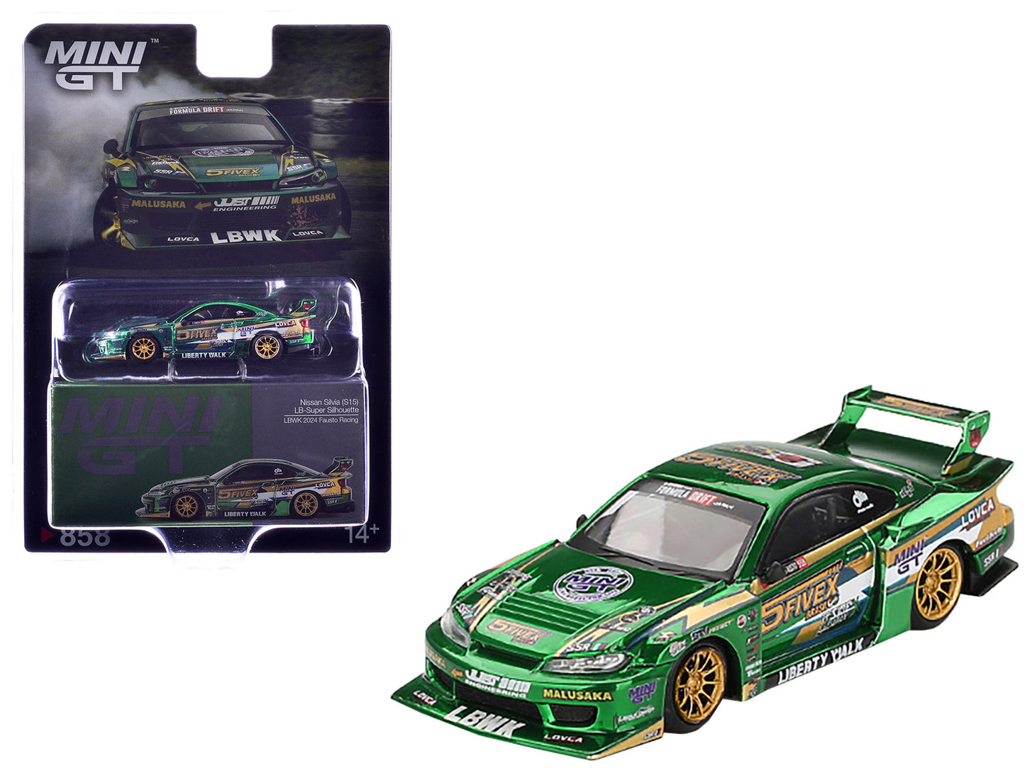 Nissan Silvia (S15) LB-Super Silhouette RHD (Right Hand Drive) "Fausto Racing 2024" Green Metallic Limited Edition 1/64 Diecast Model Car by Mini GT  free shipping USA