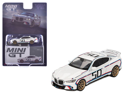BMW 3.0 CSL #50 White with Blue and Red Stripes and Gold Wheels Limited Edition 1/64 Diecast Model Car by Mini GT  free shipping USA