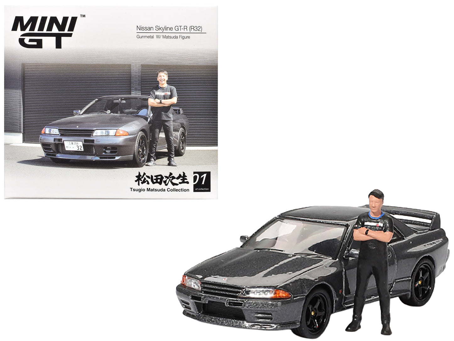 Nissan Skyline GT-R (R32) RHD (Right Hand Drive) Gunmetal Gray Metallic with Tsugio Matsuda Figure Limited Edition 1/64 Diecast Model Car by Mini GT  free shipping USA