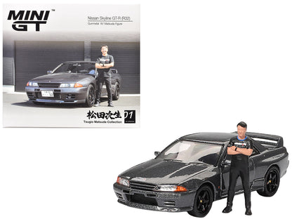 Nissan Skyline GT-R (R32) RHD (Right Hand Drive) Gunmetal Gray Metallic with Tsugio Matsuda Figure Limited Edition 1/64 Diecast Model Car by Mini GT  free shipping USA