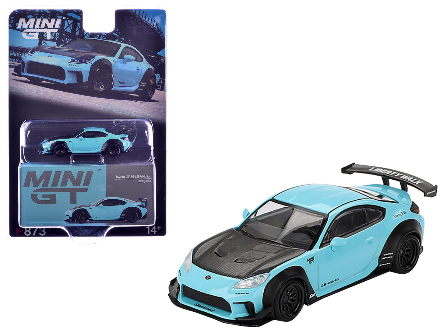 Toyota GR86 "LB-Nation - Liberty Walk" Baby Blue with Carbon Hood Limited Edition 1/64 Diecast Model Car by Mini GT  free shipping USA