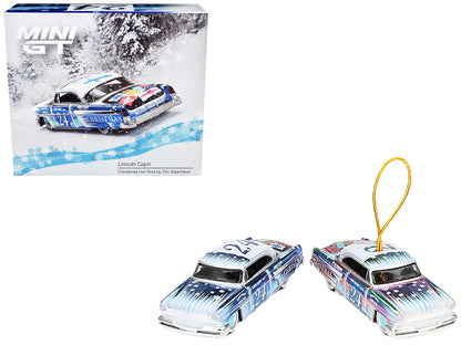 1954 Lincoln Capri "Christmas Hot Rod 2024 Edition by Tim Sadchikov" #24 Blue Metallic with Christmas Graphics and Lincoln Capri Tree Ornament Limited Edition to 9999 pieces Worldwide 1/64 Diecast Model Car by Mini GT  free shipping USA