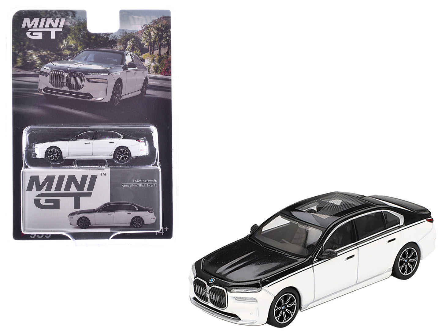 BMW i7 xDrive60 Dravit Alpine White and Black Sapphire Limited Edition 1/64 Diecast Model Car by Mini GT  free shipping USA