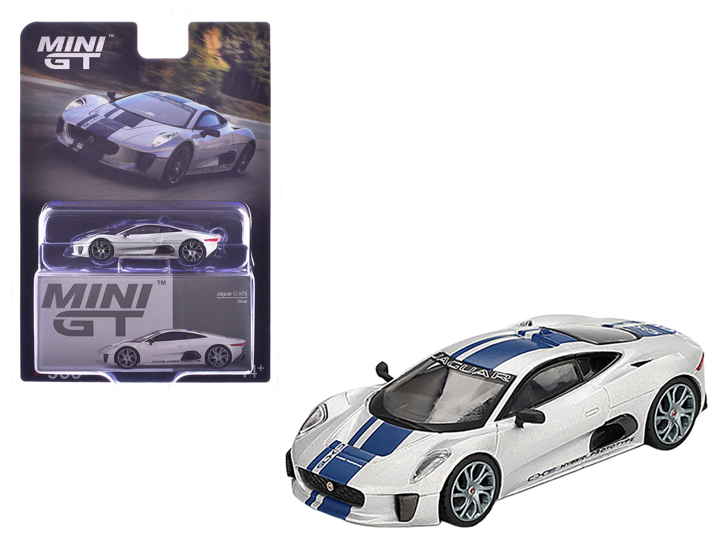 Jaguar C-X75 Silver Metallic with Blue Stripes Limited Edition 1/64 Diecast Model Car by Mini GT  free shipping USA