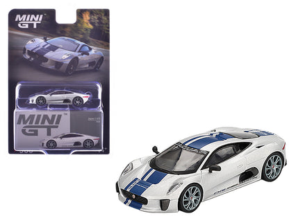 Jaguar C-X75 Silver Metallic with Blue Stripes Limited Edition 1/64 Diecast Model Car by Mini GT  free shipping USA