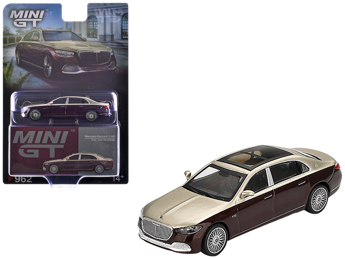 Mercedes-Maybach S 680 Gold Metallic and Dark Red Metallic Limited Edition 1/64 Diecast Model Car by Mini GT  free shipping USA
