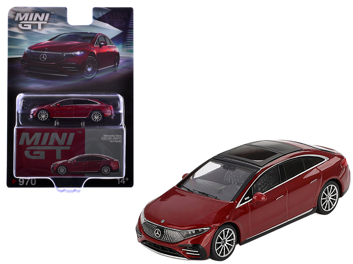 Mercedes-Benz EQS 580 4MATIC Red Metallic with Sun Roof Limited Edition 1/64 Diecast Model Car by Mini GT  free shipping USA