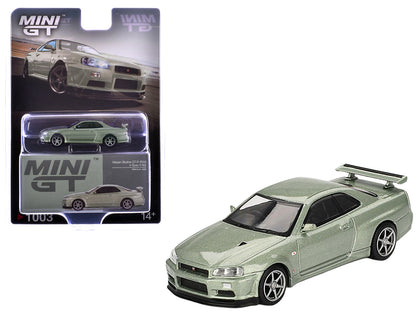 Nissan Skyline GT-R (R34) V-Spec II Nur RHD (Right Hand Drive) Millenium Jade Metallic Limited Edition 1/64 Diecast Model Car by Mini GT  free shipping USA