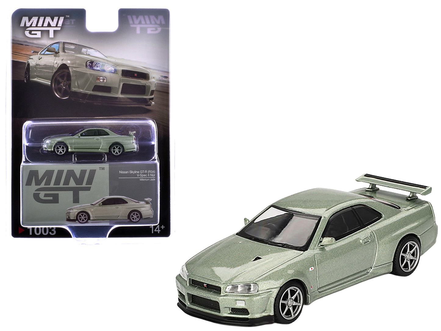 Nissan Skyline GT-R (R34) V-Spec II Nur RHD (Right Hand Drive) Millenium Jade Metallic Limited Edition 1/64 Diecast Model Car by Mini GT  free shipping USA