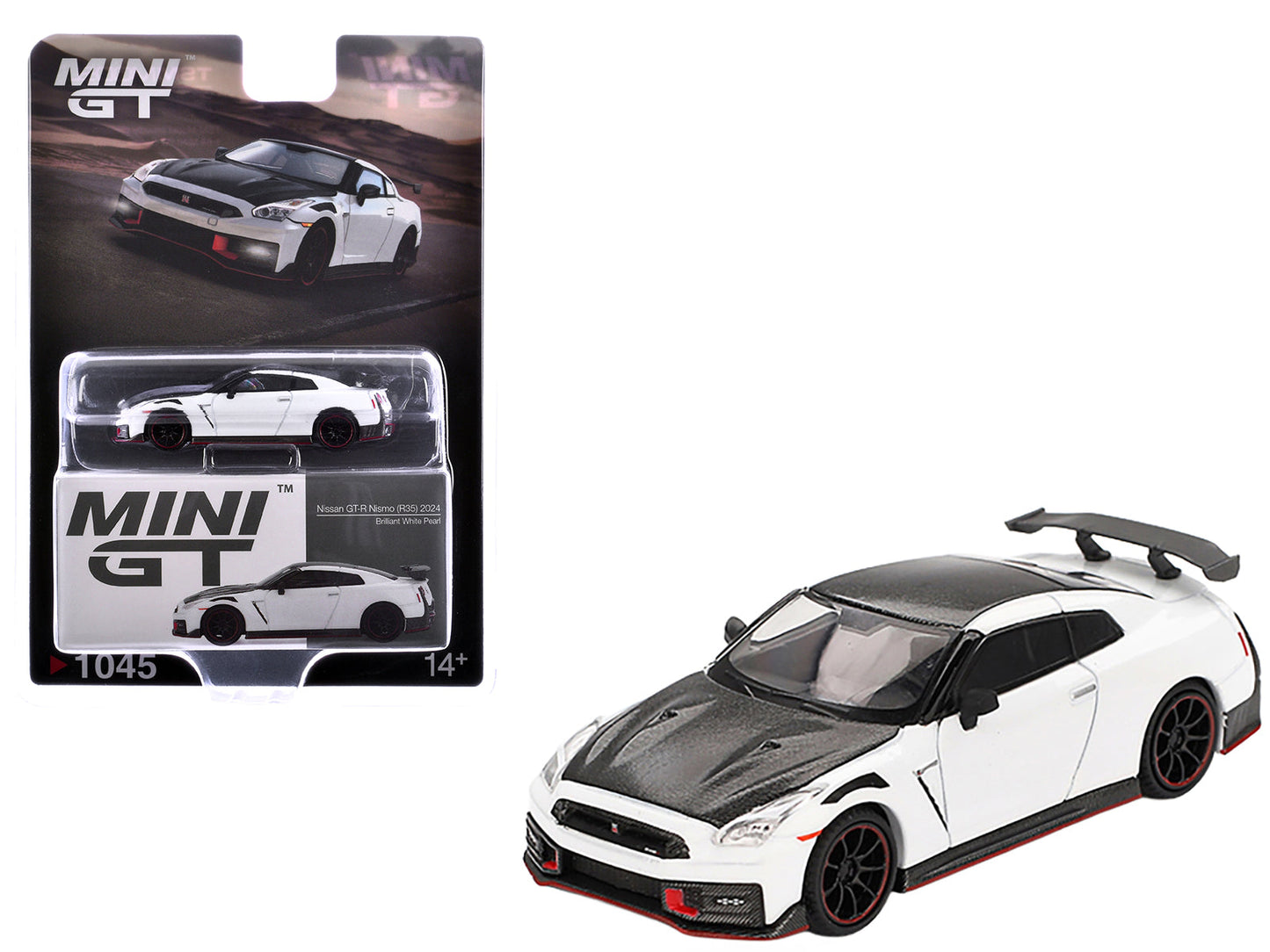 2024 Nissan GT-R Nismo (R35) Brilliant White Pearl with Carbon Hood and Top Limited Edition 1/64 Diecast Model Car by Mini GT  free shipping USA