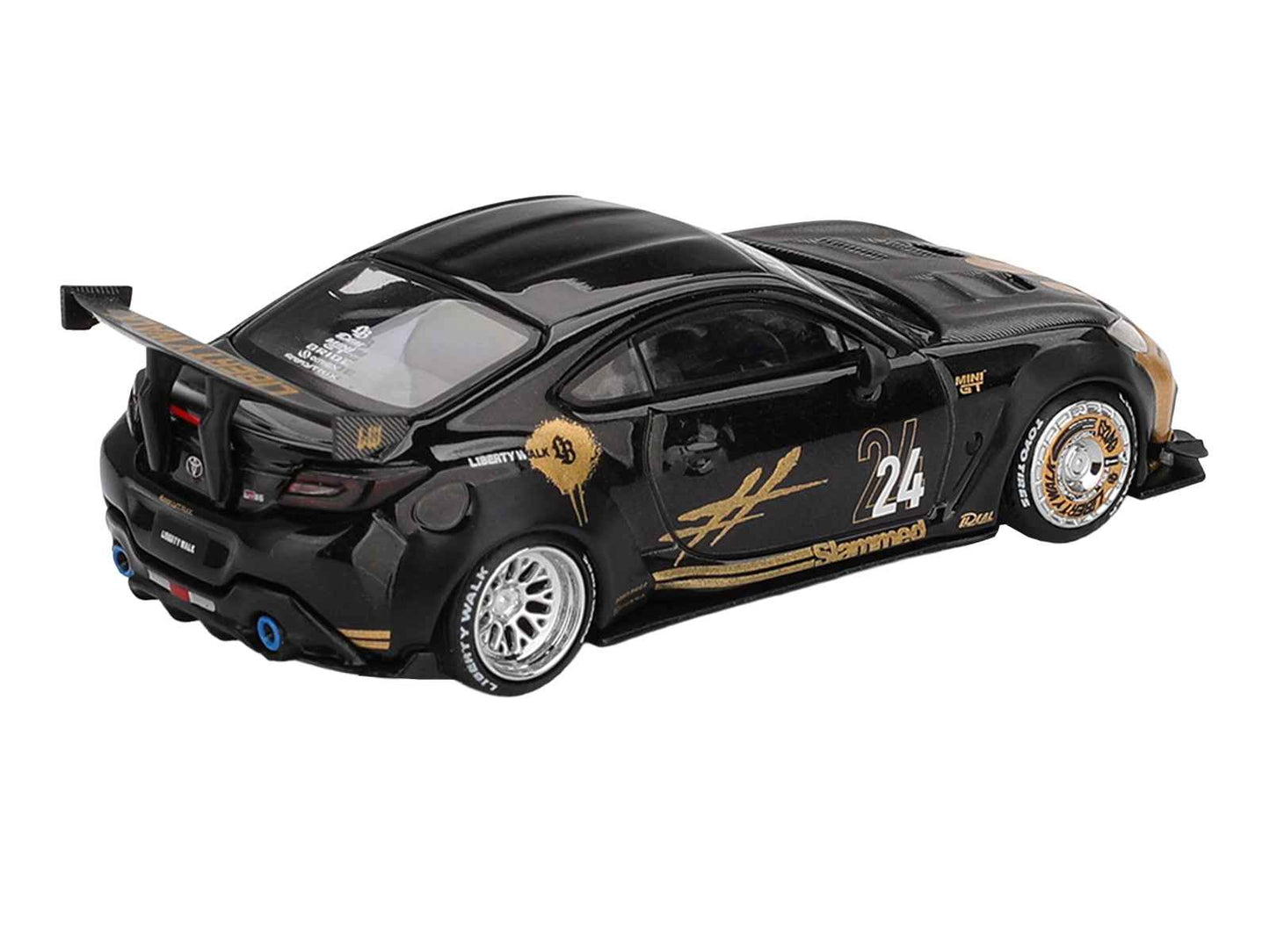 Toyota GR86 "LB-Nation - Liberty Walk" #24 Black with Carbon Hood and Gold Graphics Limited Edition 1/64 Diecast Model Car by Mini GT