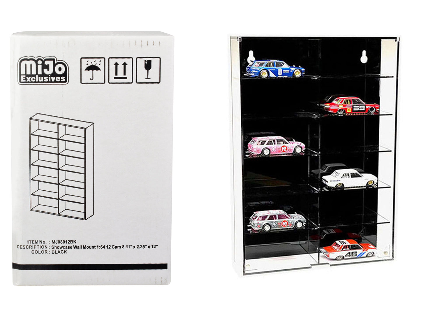 Showcase 12 Car Display Case Wall Mount with Black Back Panel "Mijo Exclusives" for 1/64 Scale Models  free shipping USA
