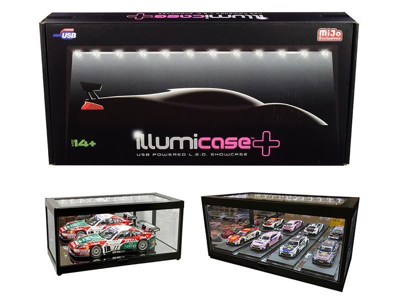 Black Collectible Display Show Case Illumicase+ with LED Lights and Mirror Base and Back for 1/64 1/43 1/32 1/24 1/18 Scale Models by Illumibox  free shipping USA