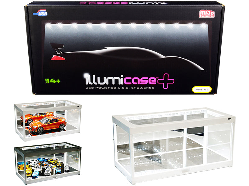 White Collectible Display Show Case Illumicase+ with LED Lights and Mirror Base and Back for 1/64 1/43 1/32 1/24 1/18 Scale Models by Illumibox  free shipping USA