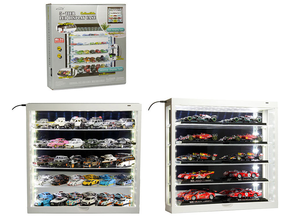 Showcase Wall Mount 5 Tier Display Case White with Mirror Back Panel "Mijo Exclusives" for 1/64-1/43 Scale Models  free shipping USA