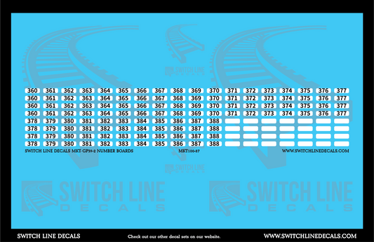 HO Scale MKT GP39-2 Number Boards Decal Set