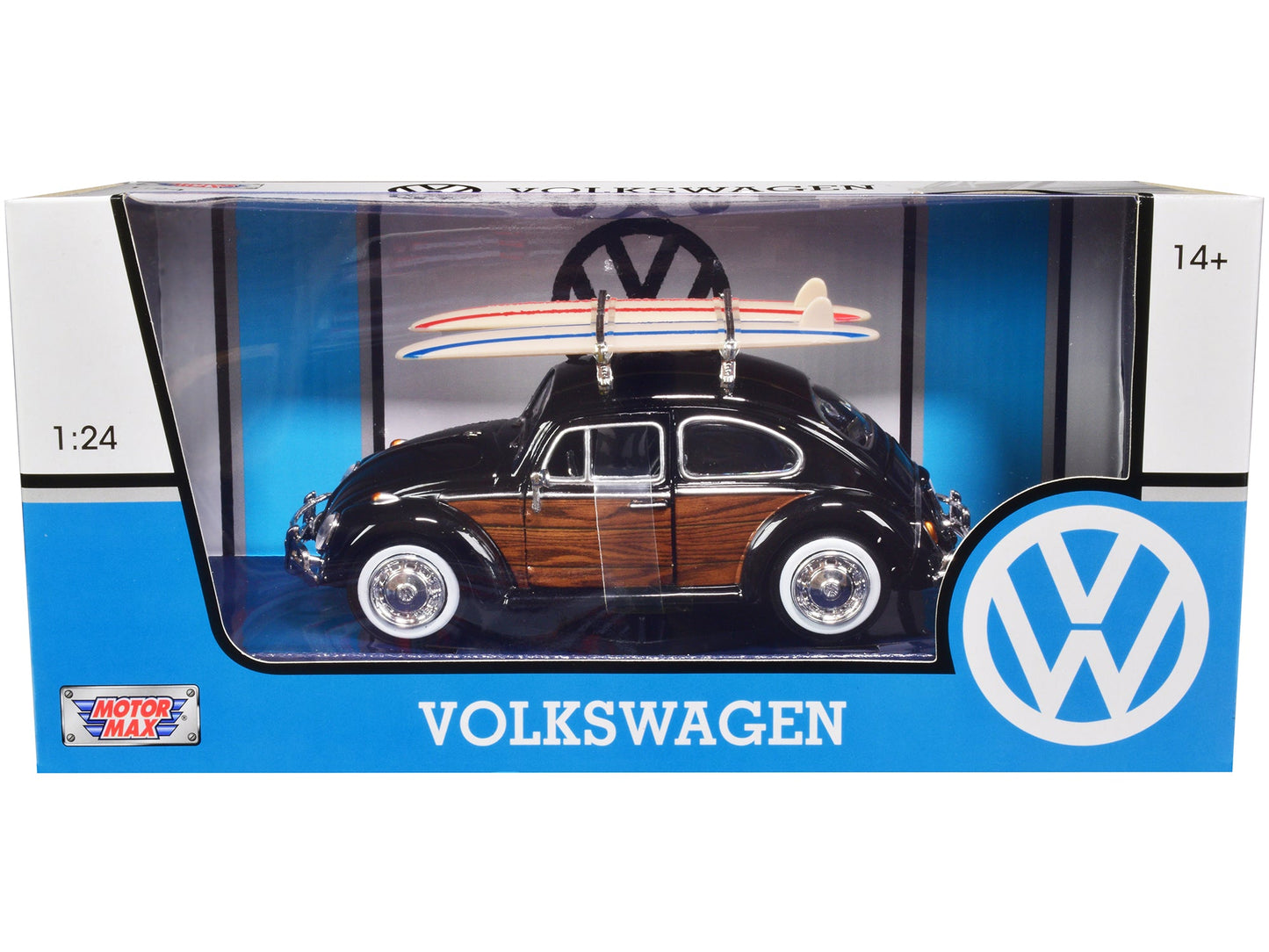 1966 Volkswagen Beetle Black with Wood Panels and Two Surfboards on Roof Rack 1/24 Diecast Model Car by Motormax  free shipping USA