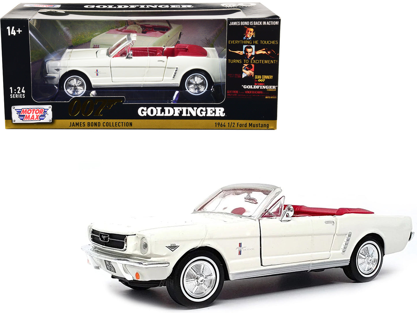 1964 1/2 Ford Mustang Convertible White with Red Interior James Bond 007 "Goldfinger" (1964) Movie "James Bond Collection" Series 1/24 Diecast Model Car by Motormax  free shipping USA