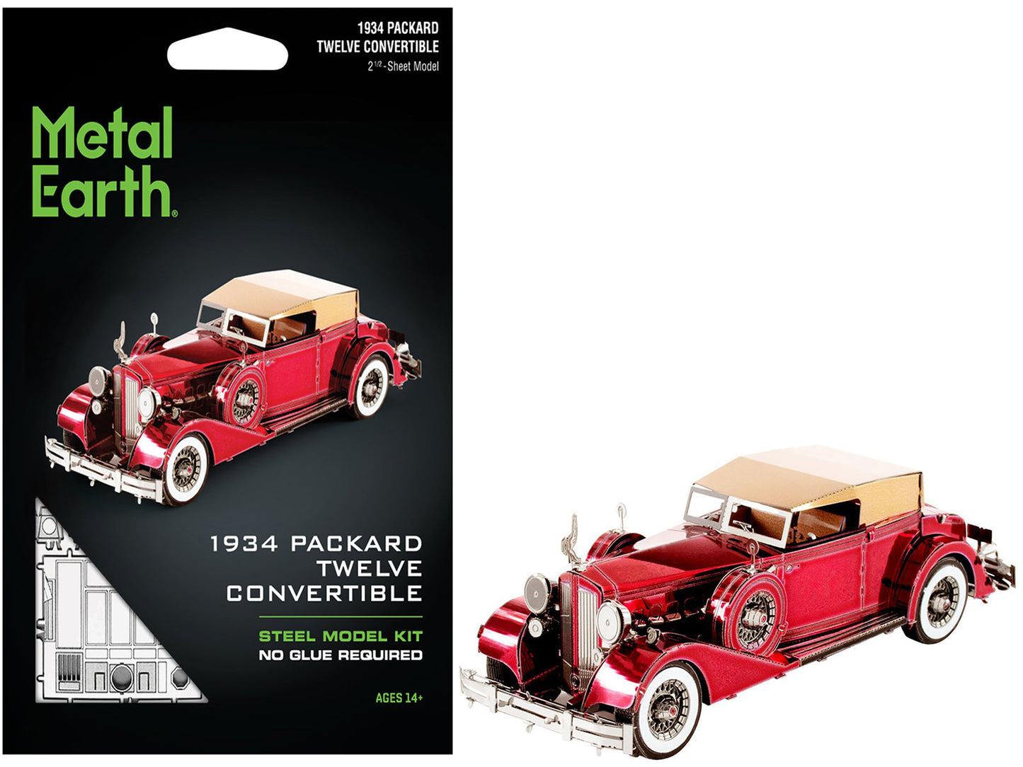 Model Kit 1934 Packard Twelve Convertible Red with Tan Soft Top (Moderate Difficulty) Steel Model by Metal Earth - Use code SHOPAPP15 to get 15 percent off  free shipping USA