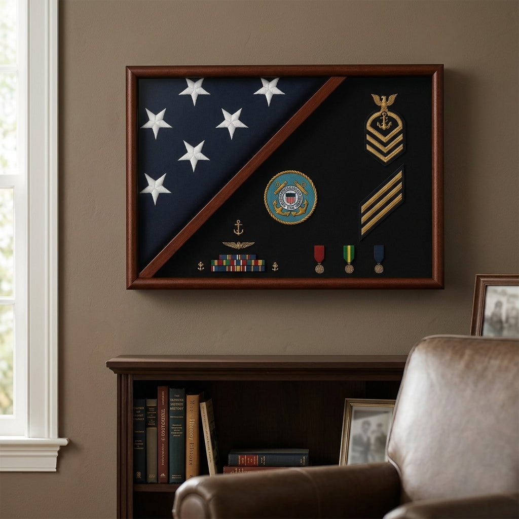 Medal Glass Display Case Shadow Box, Coast Guard Flag Display.