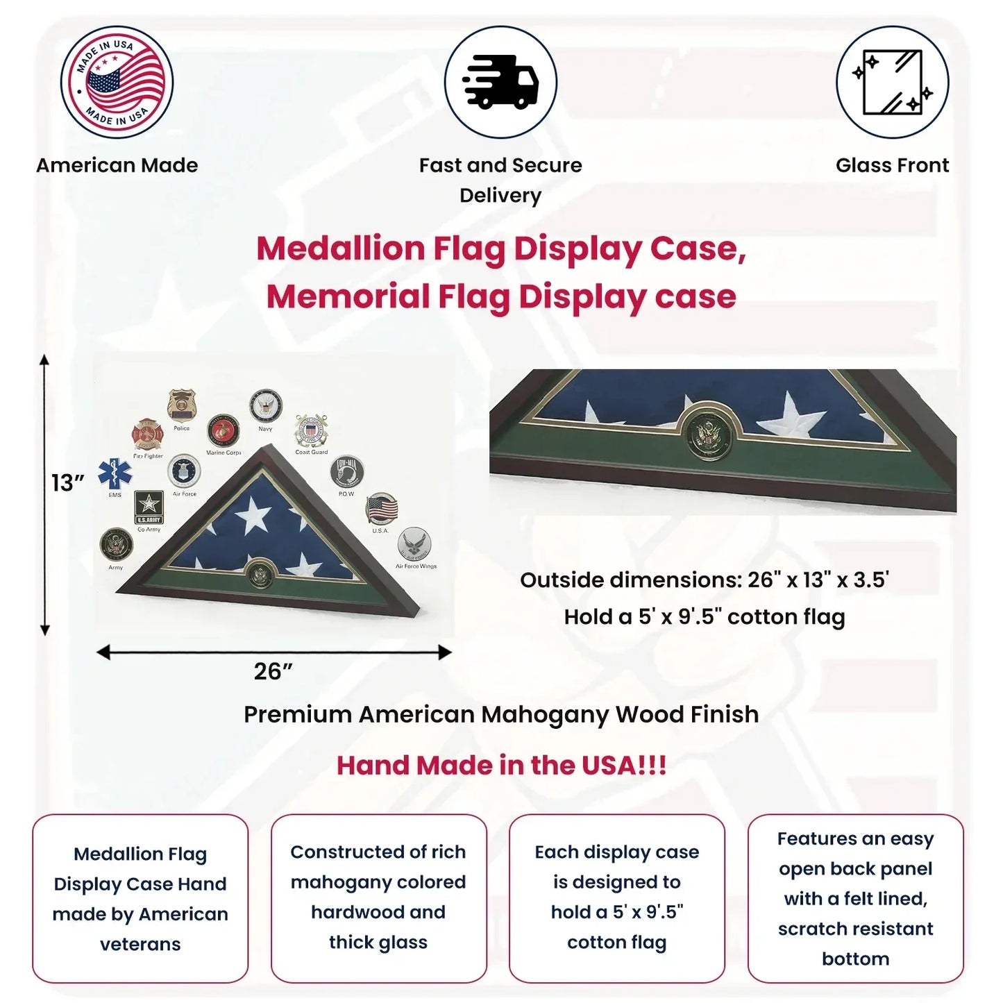 Navy Medallion Flag Display Case - Mahogany