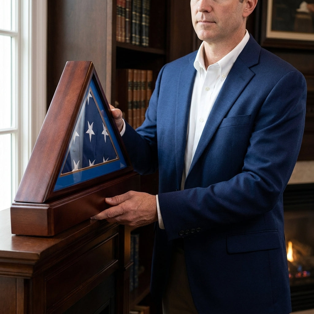 Burial/Funeral Flag Display Case Frame, Military Shadow Box with Pedestal Stand - Engraved Emblem