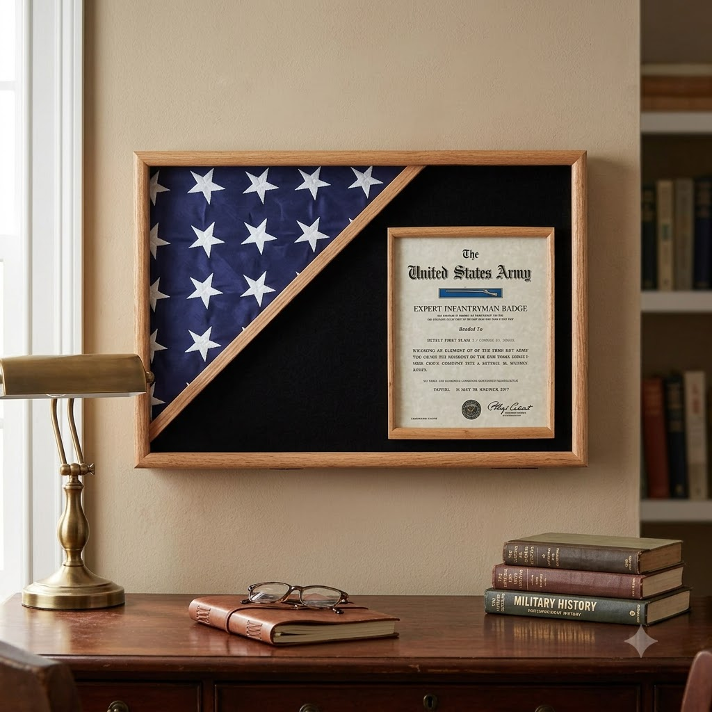 Shadow box for 5' x 9.5' flag with 8.5 x 11 Document holder