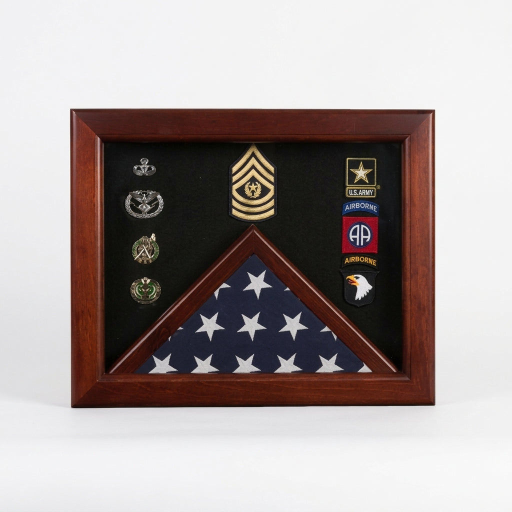 Military Flag medal display case, Mahogany wood for 3x5 flag with Dimensions 19H x 24W x3D