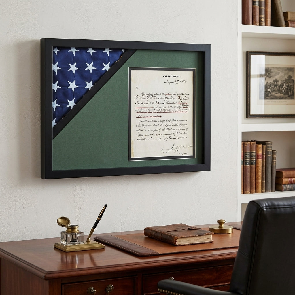 Shadow box for 3' x 5' flag with 8.5 x 11 Document holder, Black Finish