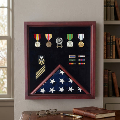 Military Flag and Medal Display Case, folded 3' x 5' flag