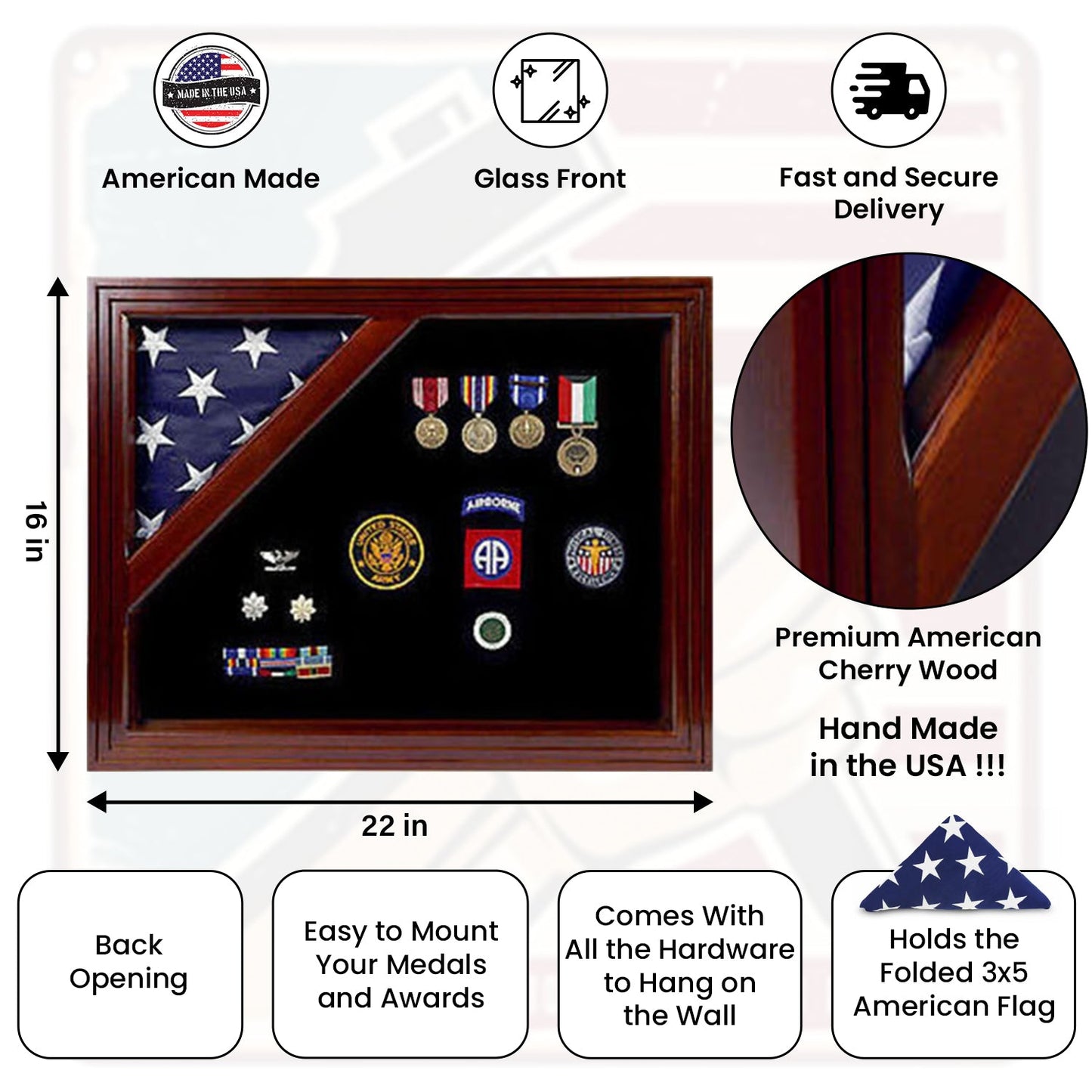 American Corner flag and medal display case - Fit for 3' x 5' Flag or 5' x 9.5' (Burial Flag).