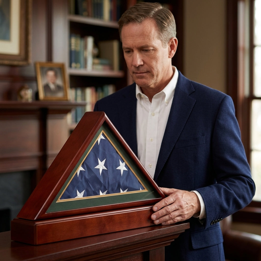 Burial/Funeral Military Shadow Box with Pedestal Stand (with Army Green Mat).