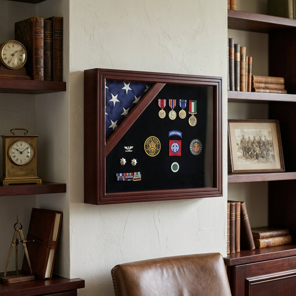 Military Award Shadow Box with Display Case for 3ft x 5ft Flag - Felt in Black.
