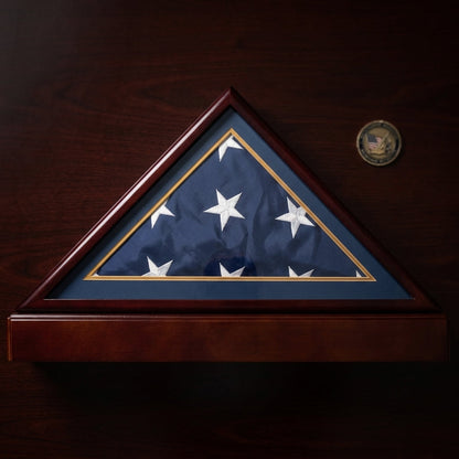 Burial/Funeral Flag Display Case Frame, Military Shadow Box with Pedestal Stand - Engraved Emblem