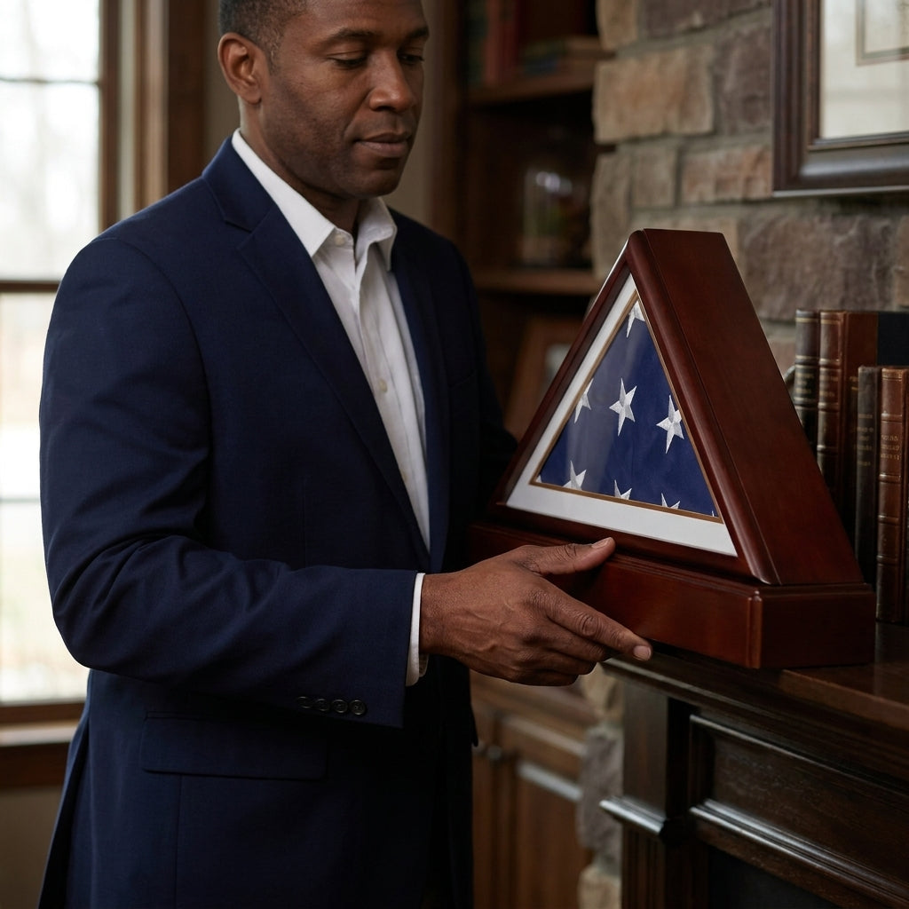 Burial/Funeral Military Shadow Box with Pedestal Stand (with Navy White Mat)