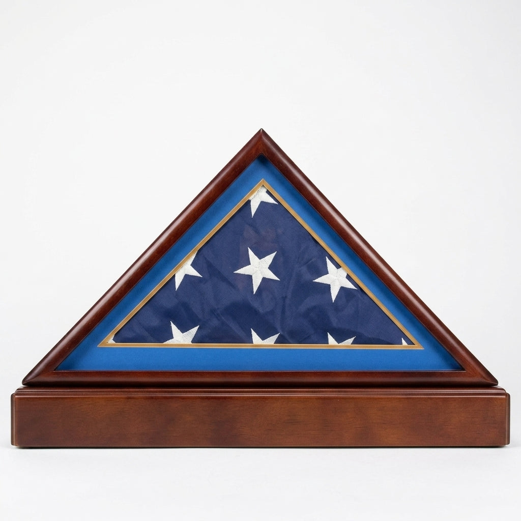 Burial/Funeral Flag Display Case Frame, Military Shadow Box with Pedestal Stand - Engraved Emblem