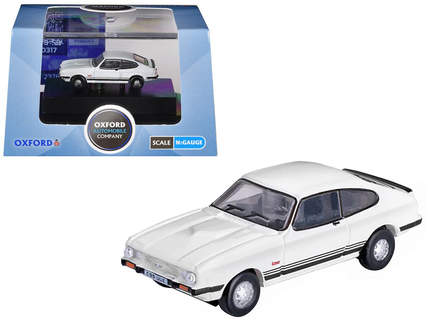 Ford Capri Mk3 RHD (Right Hand Drive) Diamond White with Black Stripes 1/148 (N) Scale Diecast Model Car by Oxford Diecast  free shipping USA