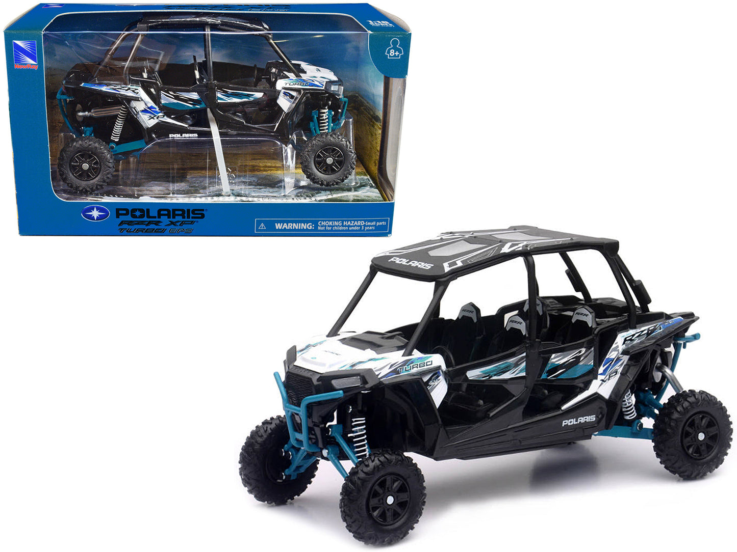 Polaris RZR XP 4 Turbo EPS Sport UTV Matt White Lightning with Graphics and Black Top 1/18 Diecast Model by New Ray  free shipping USA