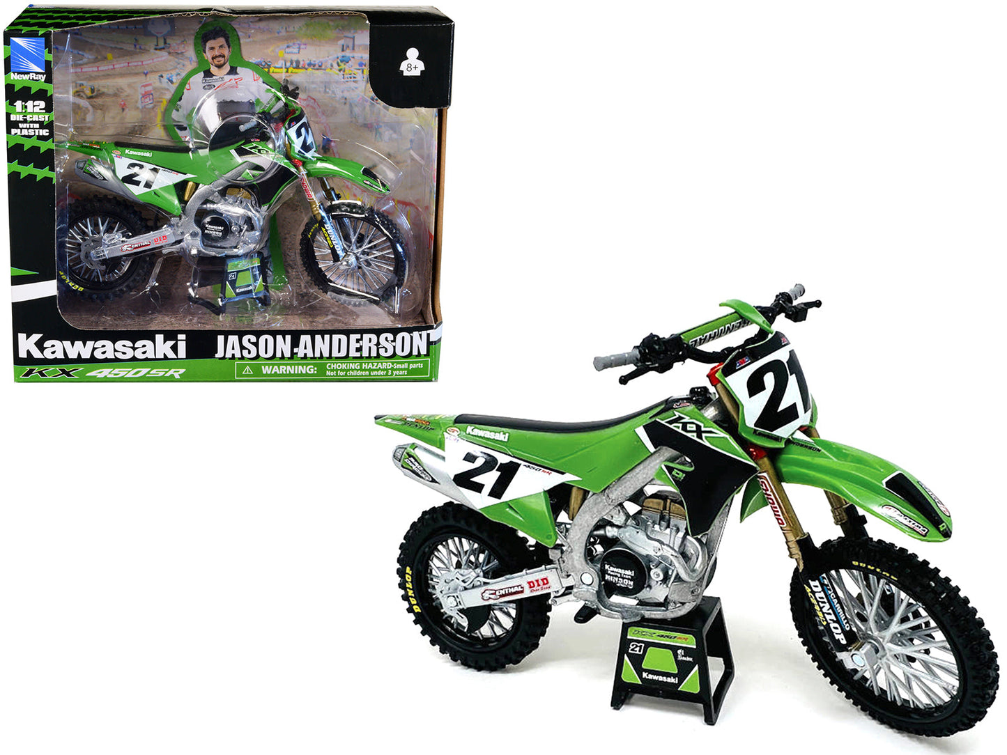 Kawasaki KX450SR Dirt Bike Motorcycle #21 Jason Anderson Green and Black "Kawasaki Racing Team" 1/12 Model by New Ray  free shipping USA